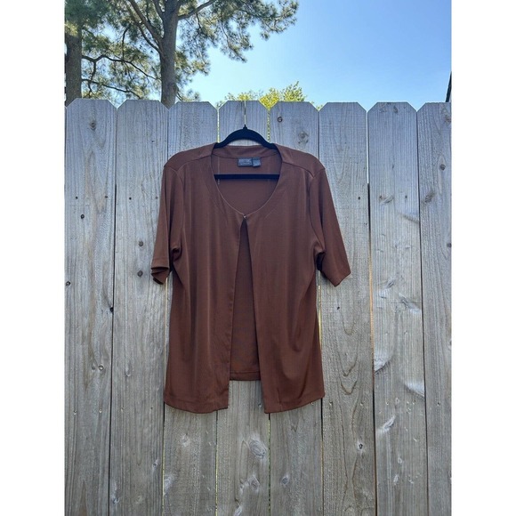 Chicos Cotton Open Front Cardigan Women’s Size 2 Short Sleeve Brown large‎ - Picture 2 of 10